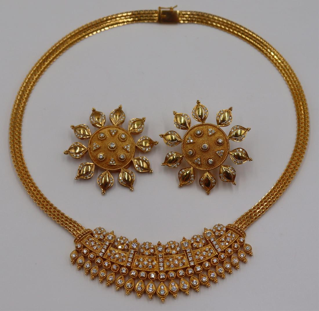 JEWELRY. Indian Style 18kt Gold and Diamond Suite.: Includes an Italian 18kt yellow gold Indian style choker length necklace inlaid with round brilliant cut diamonds - stamped to underside of pendant, "3.30 18K, clasp is stamped, "750" w