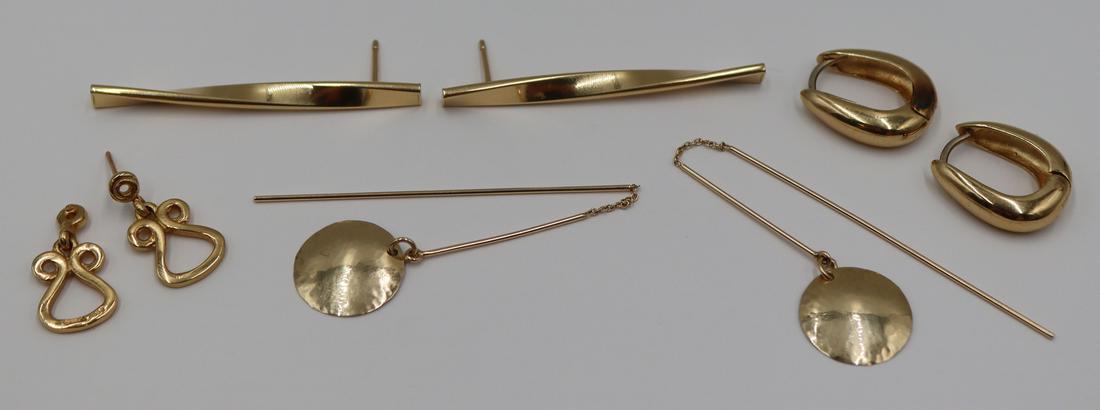 JEWELRY. (4) Pair of Contemporary Gold Earrings.: Includes a pair of signed Nabco 14kt yellow gold earrings; a pair of Italian 18kt yellow gold huggie hoop earrings; a pair of Museum of Modern Art 14kt yellow gold earrings - one earring missing post;