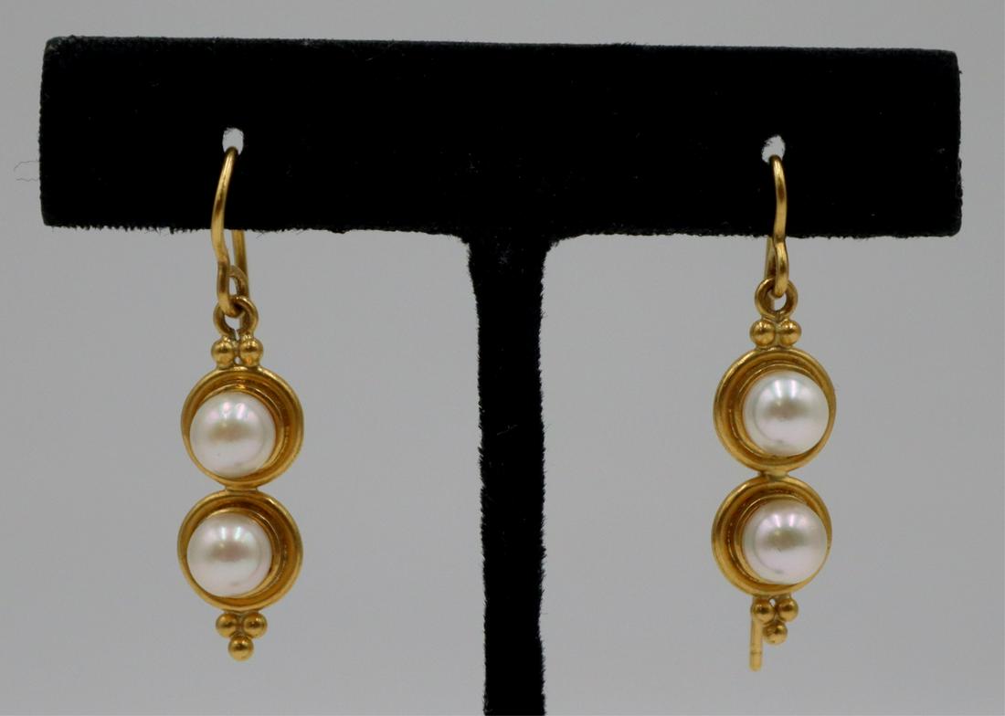 JEWELRY. Pair of Temple St Clair 916 Gold & Pearl: Earrings. Pair of signed Temple St Clair .916 high karat yellow gold earrings with stacked pearls measuring approx. 5.5mm each. Stamped verso, "916 ©" with a pictorial hallmark represen