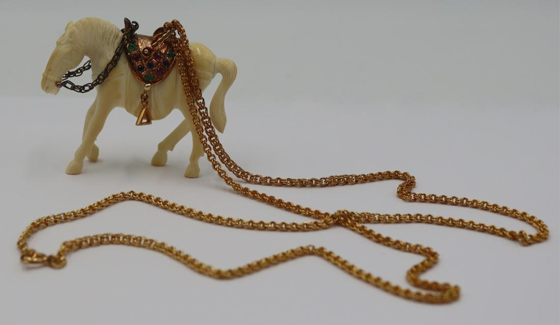 JEWELRY. 18kt and 14kt Gold Jewelry Grouping.: Includes a signed JJ 14kt yellow gold mounted carved horse pendant inlaid with various faceted gems - stamped, "JJ 585 14KP" to underside of stirrups. Pendant is suspended from an Italian 18