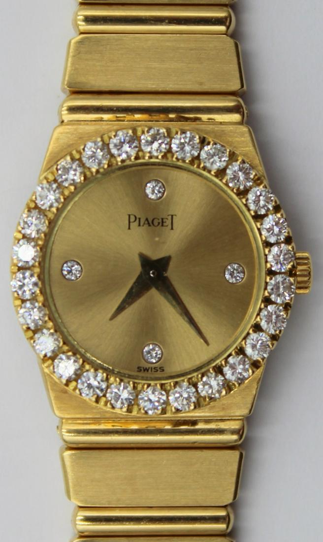 JEWELRY. Lady's Piaget Polo 18kt Gold and Diamond: Watch. A lady's Piaget Polo 18kt yellow gold watch with a diamond bezel and diamond hour markers. This watch by Piaget features a 20mm 18kt yellow gold round watch case, gold bezel with (26) prong set
