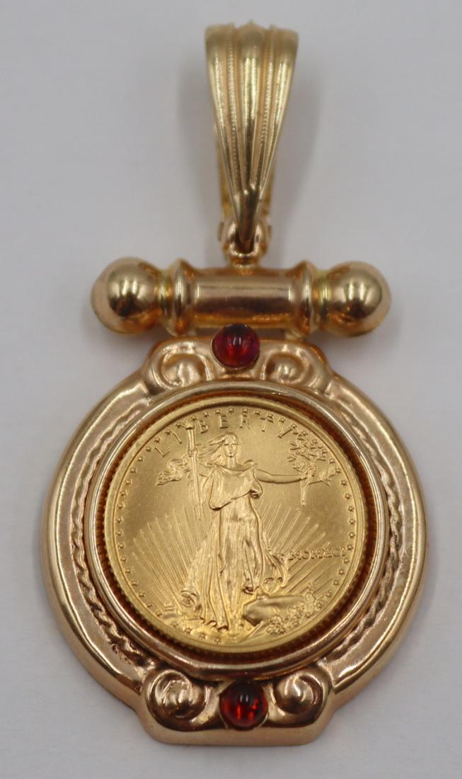 JEWELRY. 14kt Gold, Colored Gem and Coin Pendant.: 14kt yellow gold pendant with bezel set Liberty gold coin and (2) colored gem cabochon accents. Stamped, "14K". Total approx. weight is 5.9 dwt (gross). From a Manhattan, NY estate. Dimensio