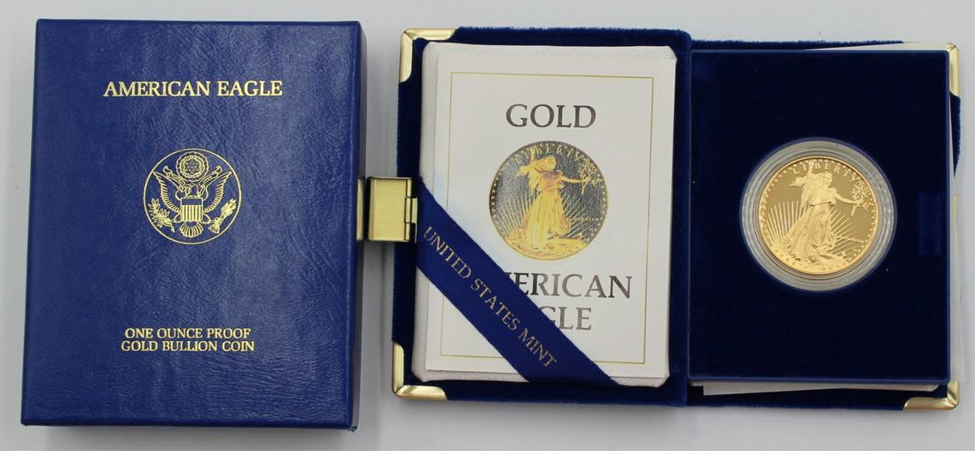 BULLION. 1986 W Proof $50 1 oz Gold American Eagle: Coin UNC. A 1986 West Point struck UNC (uncirculated) 1 troy ounce proof gold American Eagle coin struck in .9167 fine gold with OGP (Original Government packging). The total mintage for this date &am