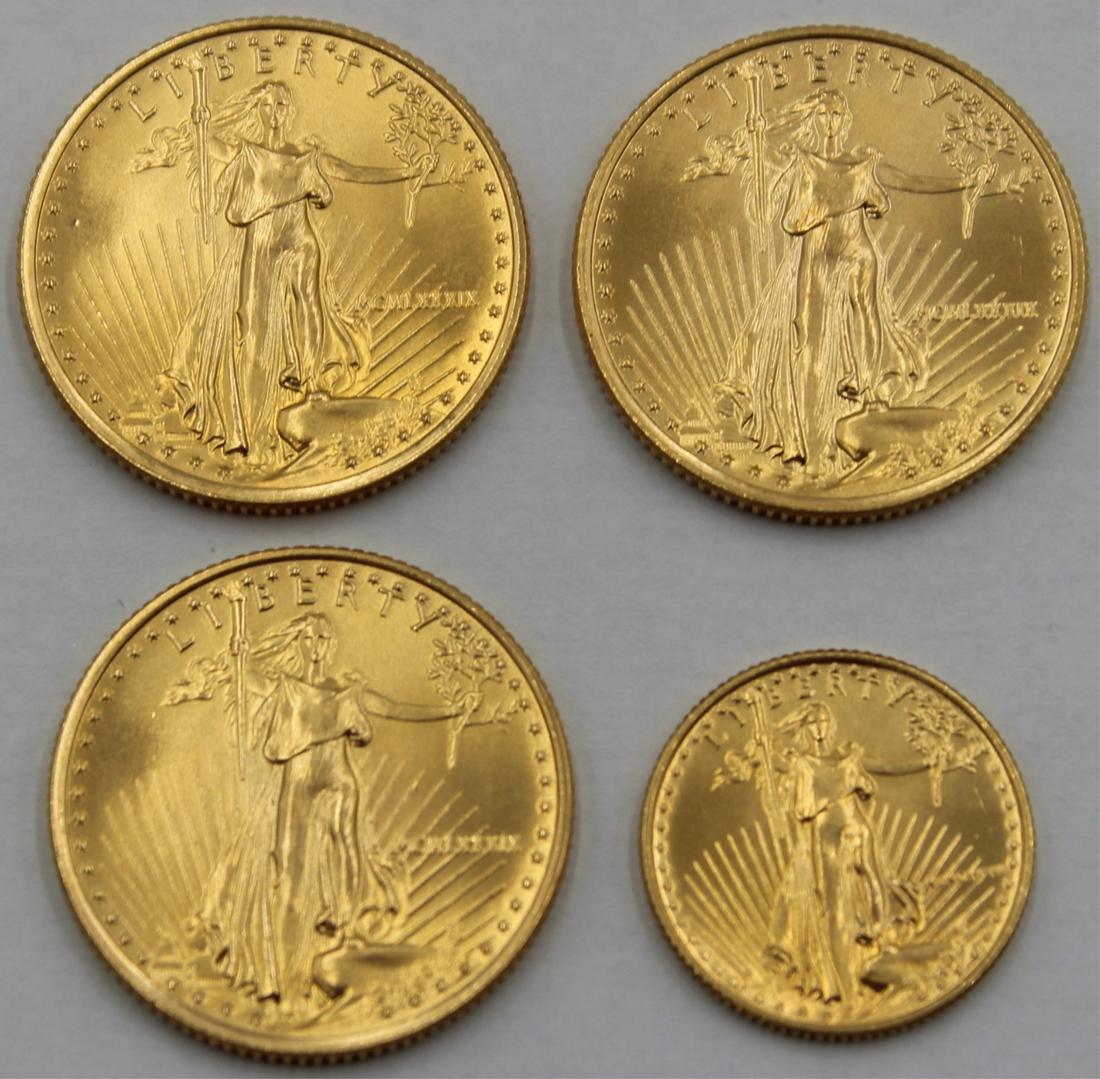BULLION. (3) 1989 $10 1/4 oz Gold American Eagle: Coins and (1) 1989 $5 1/10 oz Gold American Eagle Coin. (3) 1989 (Philadelphia) struck 1/4 ounce gold American Eagle coins struck in .9167 fine gold. The total mintage for this date & mint mark is