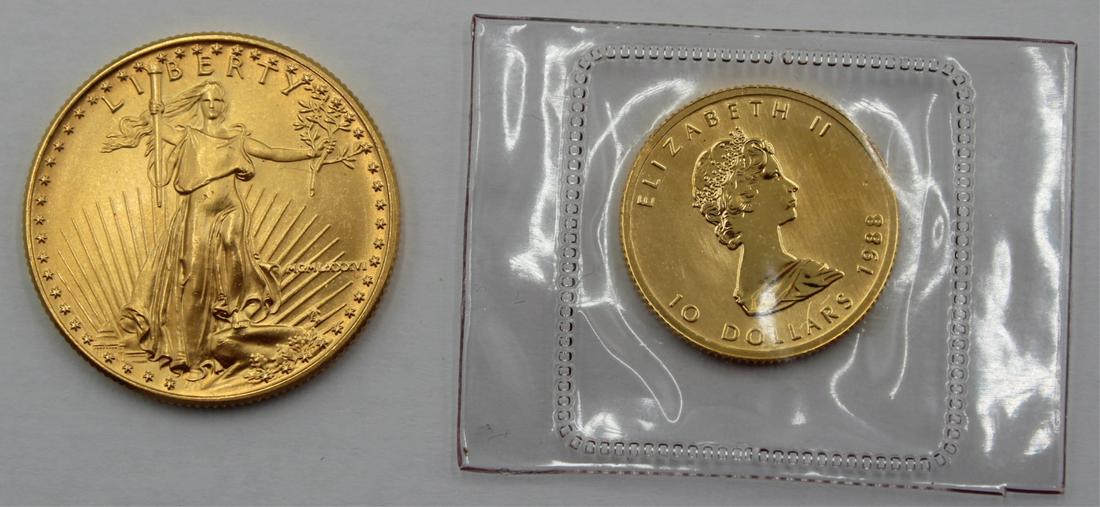 BULLION. 1986 $25 1/2 oz Gold American Eagle Coin: and a 1988 $10 1/4 oz Maple Leaf Gold Coin. A 1986 (Philadelphia) struck 1/2 ounce gold American Eagle coins struck in .9167 fine gold. The total mintage for this date & mint mark is: 599,566; and