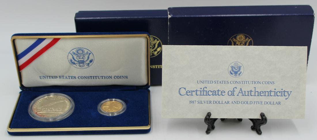 BULLION. (2) Coin 1987 Constitution Commemorative: Set. Comprised of a 1987 (S) San Francisco struck $1 Constitution Bicentennial Commemorative proof silver dollar. The total mintage for this date & mint mark in proof: 2,747,116.; and a 1987 $5 We