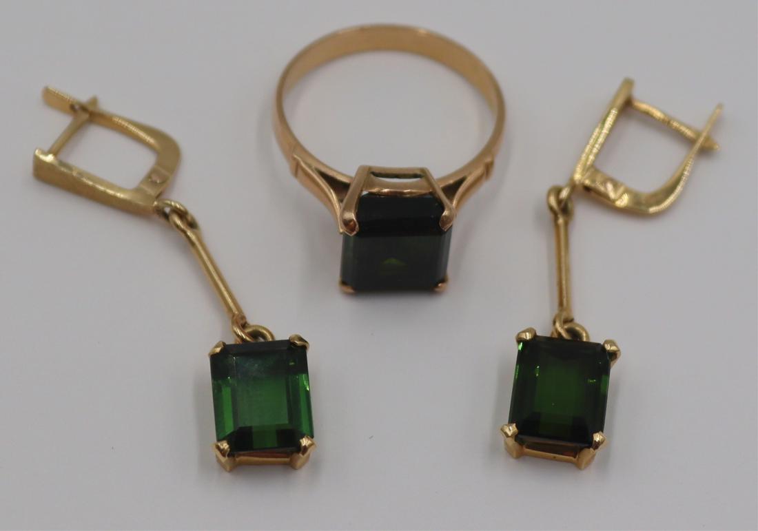 JEWELRY. 14kt Gold and Colored Gem Suite.: Includes a 14kt yellow gold ring with central prong-set green faceted gem, most surely Tourmaline, measuring approx. 9.0mm x 8.0mm. Accompanied by a well matched pair of 14kt yellow gold drop earrings