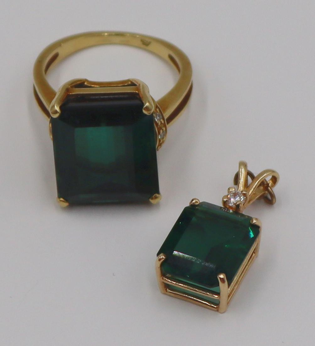 JEWELRY. 14kt Gold, Colored Gem, and Diamond Suite: Includes a 14kt yellow gold cocktail ring with central green faceted gem, most surely Tourmaline, flanked by bands of single cut diamond accents - colored gem measures approx. 14.0mm x 12.5mm, ring si