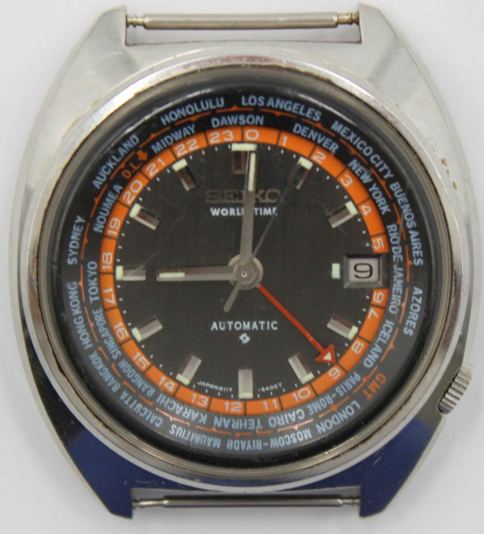JEWELRY. Men's Seiko World-Time GMT Automatic: Watch. A vintage men's Seiko stainless World-Time GMT automatic watch. This Seiko World-Time GMT ref#: 6117-6409 features a 41mm stainless watch case, acrylic crystal, black dial, applied silver tone 