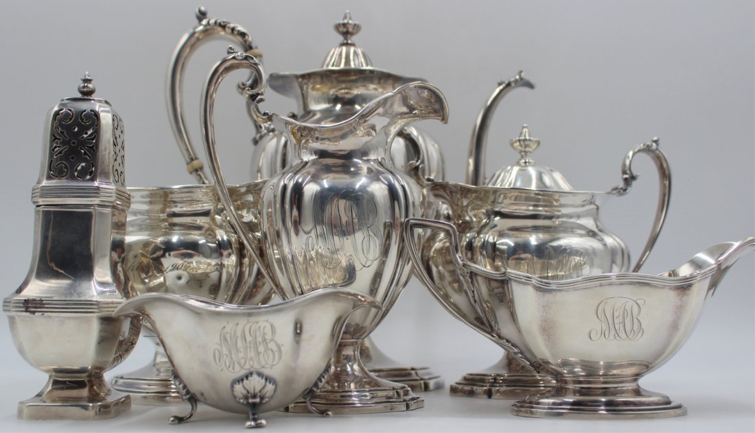 STERLING. (4) PC. Wm. B. Durgin Co. Sterling: Coffee Service and Assorted Sterling Hollowware. A monogrammed/engraved Wm. B. Durgin Co. sterling coffee service retailed by J.J Freeman comprised of a coffee pot, creamer, lidded sugar, open waste v