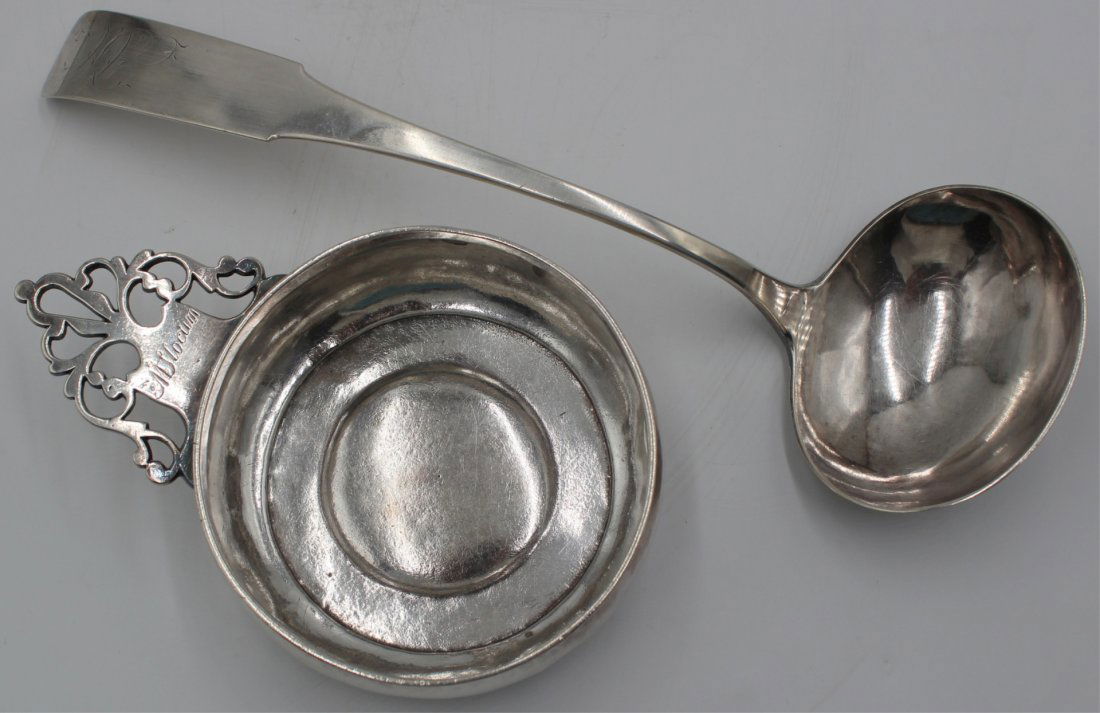 SILVER. Early American Silver Grouping.: Including an engraved Jonathan Clarke coin silver porringer; and an engraved John Targee coin silver soup ladle. Accompanied by a COPY of a 5/31/1983 insurance appraisal by Silversmith Incorporated st