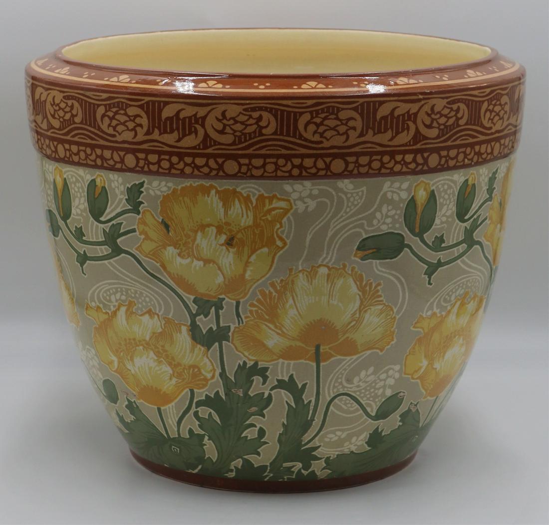 Large Minton Floral Decorated Planter.: Minton Aesthetic movement floral decorated planter or jardiniere. "Minton England" maker's mark to underside. From a Long Island, NY estate. Dimensions: planter measures approx. 17" dia