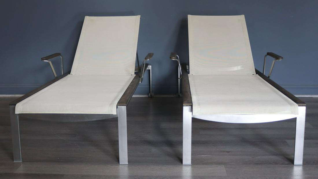 Vintage And Quality Pair Of Modernist Chaise: Lounges. Great quality and lines. From a Rye NY estate. - Dimensions: 21.5" h to armrest x 76" long x 36"w
