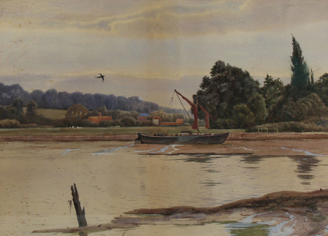 DAVID JOHNSON (AMERICAN, 1827-1908).: Watercolor. Riverscape. 1872. Signed and dated lower right. From a New York collection. - Dimensions: Sight: 14" high x 19.25" wide