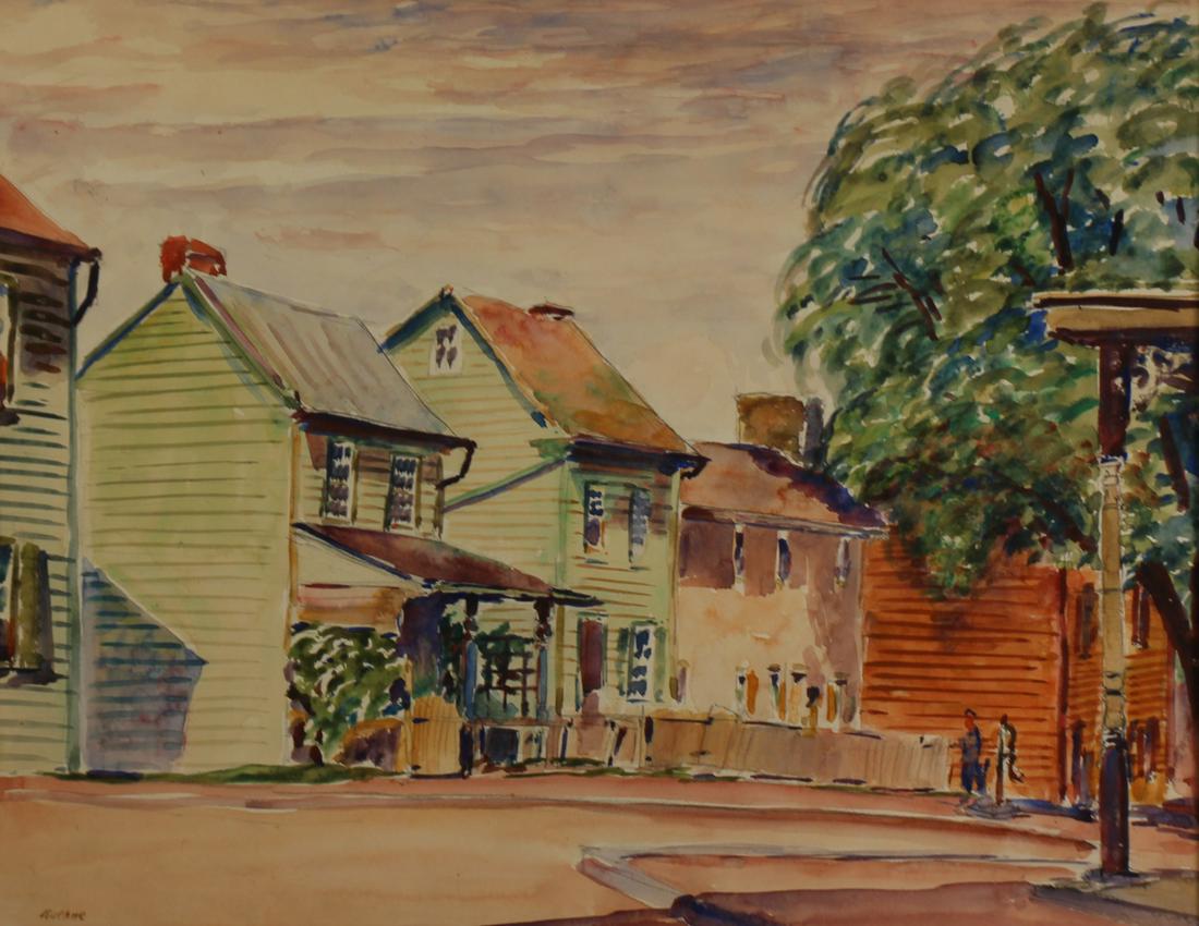 MAX KUEHNE (AMERICAN, 1880-1968).: Watercolor. "Afternoon Light". Signed lower left. For Art's Sake label affixed verso. Hirschl and Adler label affixed verso. From a Long Island, NY collectino. - Dimensions: 14" high x 18" w