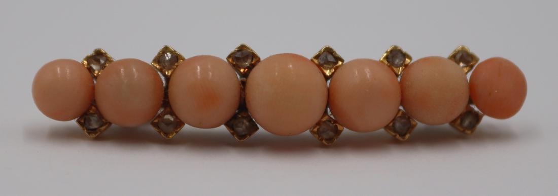 JEWELRY. Antique 18kt Gold, Coral and Diamond Pin. (1 of 5)
