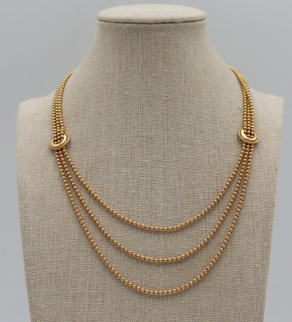 JEWELRY. Italian 18kt Gold Beaded (3) Strand (1 of 7)
