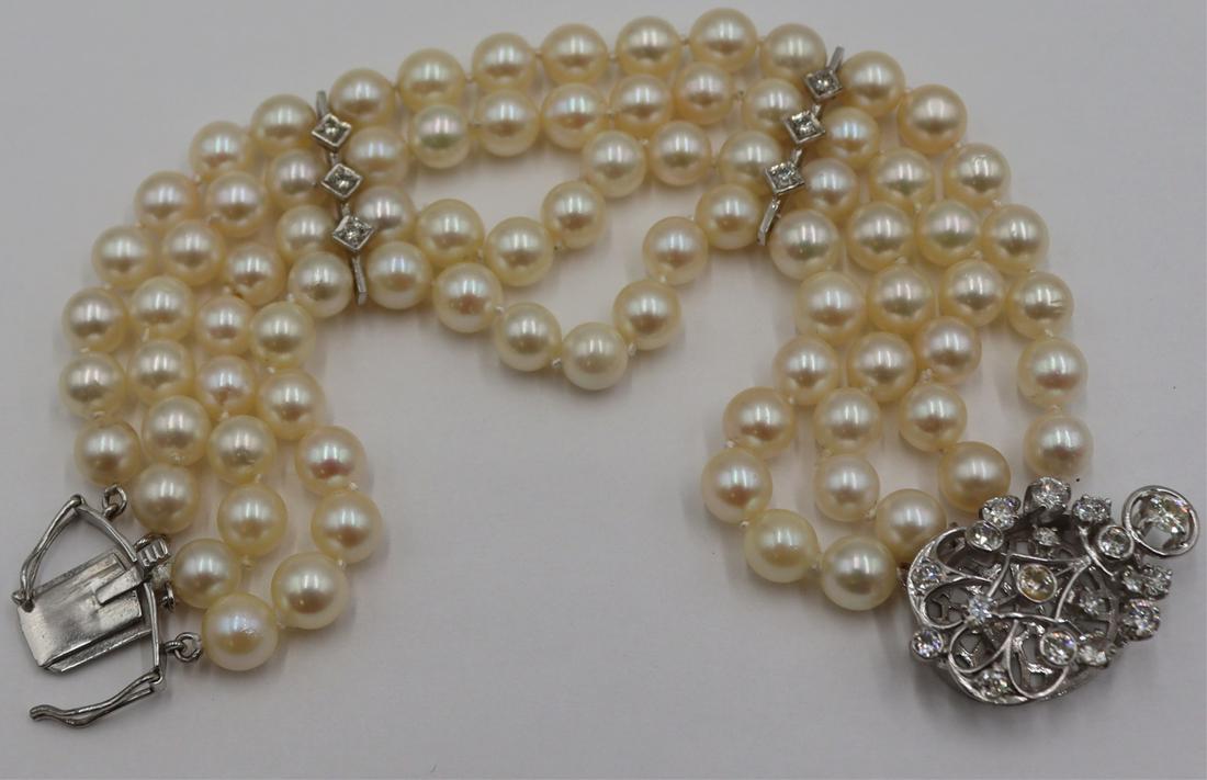 JEWELRY. 14kt Gold, Diamond and Pearl Bracelet. (1 of 8)