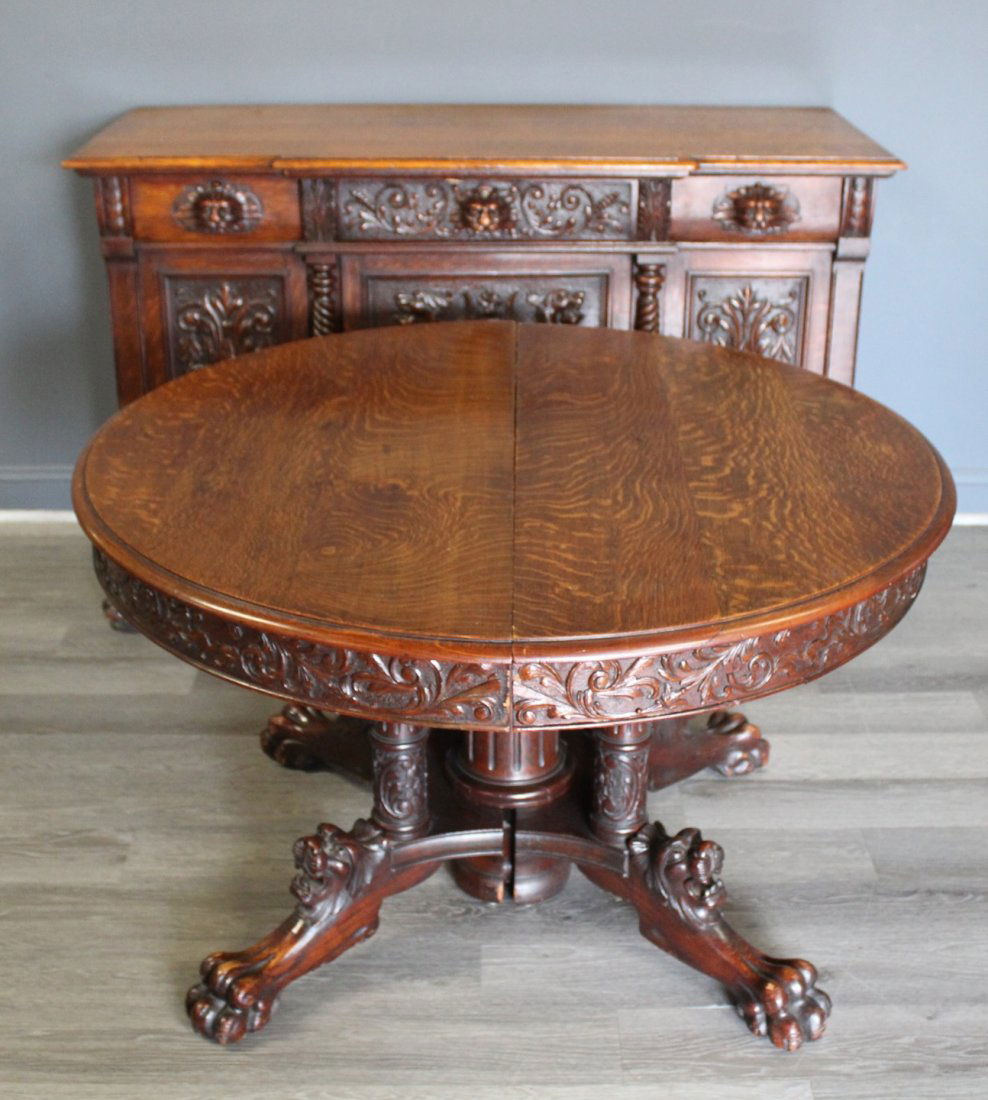 Horner (Attrib) Highly Carved Oak Table, Leaves & (1 of 17)