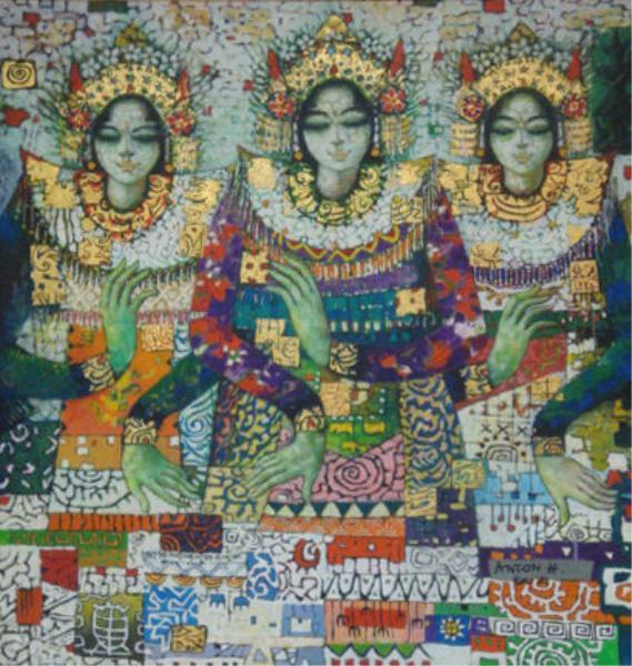 HUANG, Anton. 1983 O/C Three Balinese Dancers.: Signed and dated Bali '83 lower right. Inscribed verso. With ornate gilt and painted frame. Anton Huang, Indonesian, 1935-1985. Please see other Balinese paintings from this same collection in this au
