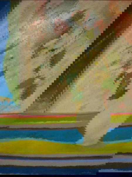 BARDONE, Guy. O/C Modernist Floral Still Life.: Signed lower right. Guy Bardone, French, 1927-. Dimensions: 28.5" high x 36" wide. Condition: Good.