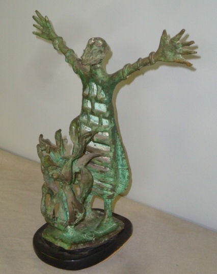 UNKNOWN. Signed Judiac Bronze "Moses and the: Burning Bush." Marked on bronze base. Provenance: Stamford, NY collector. Dimensions: 10.5" high plus base. Condition: Good.