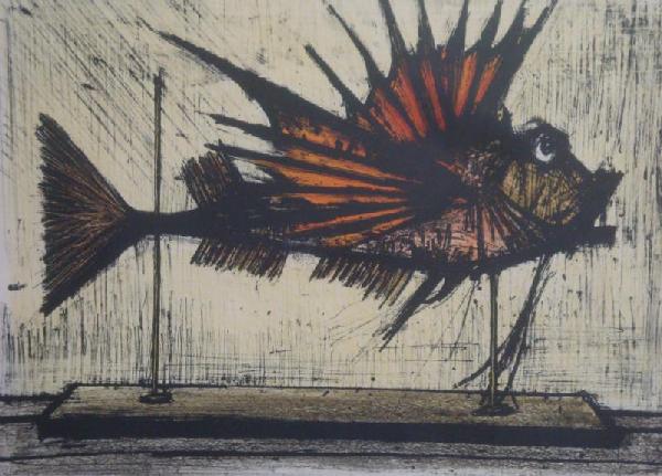 BUFFET, Bernard. Color Lithograph. Mounted Fish.: Signed lower right. Artist's proof. Gallery label verso. Bernard Buffet, French, 1928-199 Dimensions: 20.5" high x 26.5" wide. Condition: Good, not examined out of frame.