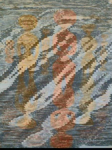 CAMPIGLI, Massimo. 1958 Color Lithograph.: Figures & Reflections. Pencil signed and dated lower right. Artist's proof. Massimo Campigli, Italian, 1895-1971. Provenance: Larchmont collector. Dimensions: 23" high x 18" wide. Condition: Good. Not