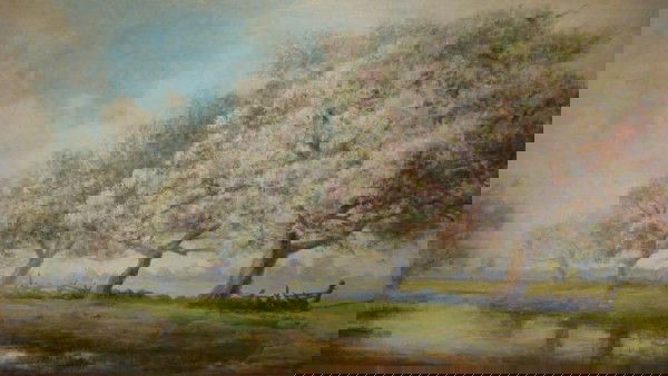 HUNTER, Frederick Leo. 1902 O/C Riverbank with: Pink Flowering Trees. Frederick Leo Hunter, American, 1858-1943. Signed and dated lower right. Provenance: Madison Ave NYC estate. Dimensions: 36" high x 78" wide. Condition: Good.