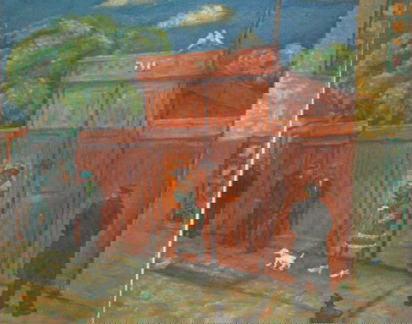 KISH, Maurice. Oil on Masonite. City Genre Scene.: Signed lower left. Maurice Kish, American, 1895-1987. Provenance: From an African-American collector. Dimensions: 14" high x 16" wide. Condition: Chipping along rabbet edges.