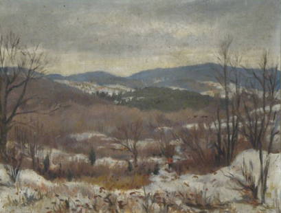 BEIGNEUX, Ariane. 1946 O/B Winter Landscape.: Signed and dated lower left. Ariane Beigneux, American, 1918-. Dimensions: 14" high x 18" wide. Condition: One loss, very dirty.