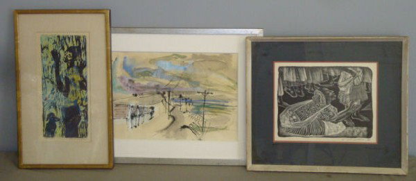 JACKSON, Ella. W/C of Cape Cod & 2 Prints.: One possibly a monotype. All signed. Provenance: Rye, NY Estate. Dimensions: 11" x 16"; 8" x 12"; 13" x 6." Condition: Good
