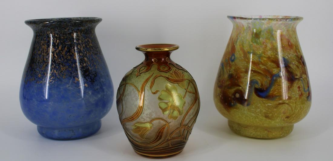 Monart Art Glass Vases & Honesdale Vase: Honesdale cameo flowers vase 6.25" tall, signed "Honesdale" on base. Monart blue glass vase "Monart Glass/ Moncrieff Scotland/ VII RA 185", Monart gold glass vase, 7 3/8" tall, Monart gold glass vase,