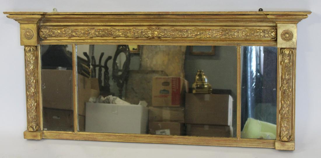 Antique Carved And Giltwood Over Mantel Mirror.: Nice quality and great patina. From a Greenwich CT estate. - Dimensions: 26" X 53"