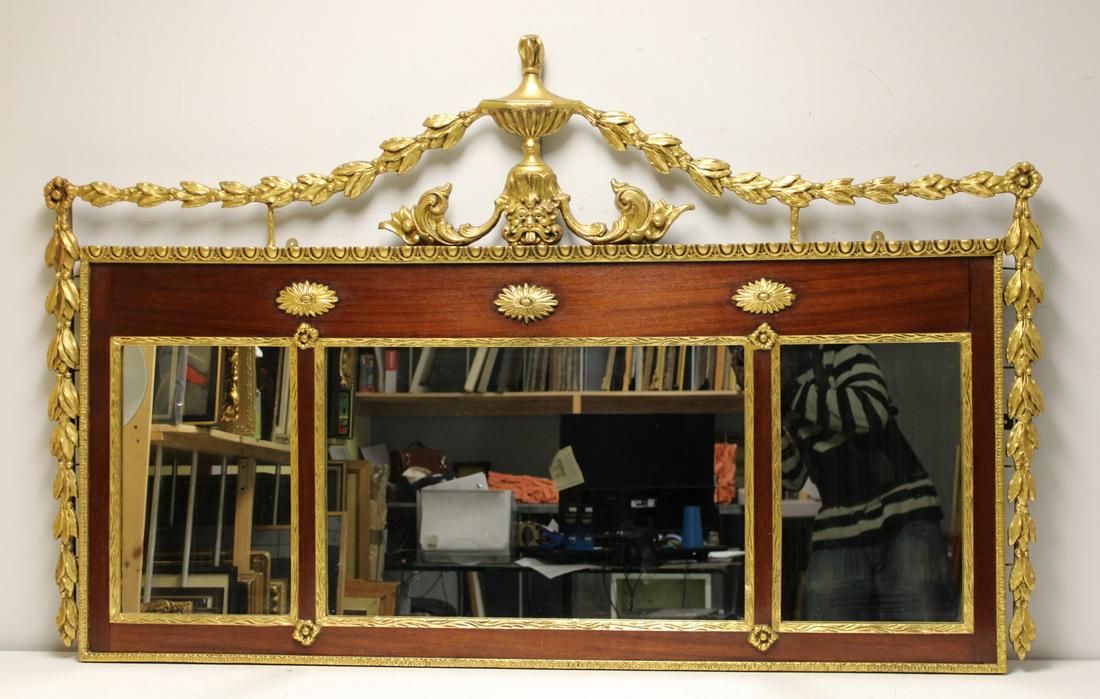 Antique Carved & Gilt Decorated Over Mantel: Mirror. Great patina and style to this mahogany gilt decorated mirror. - Dimensions: 40" x 63"