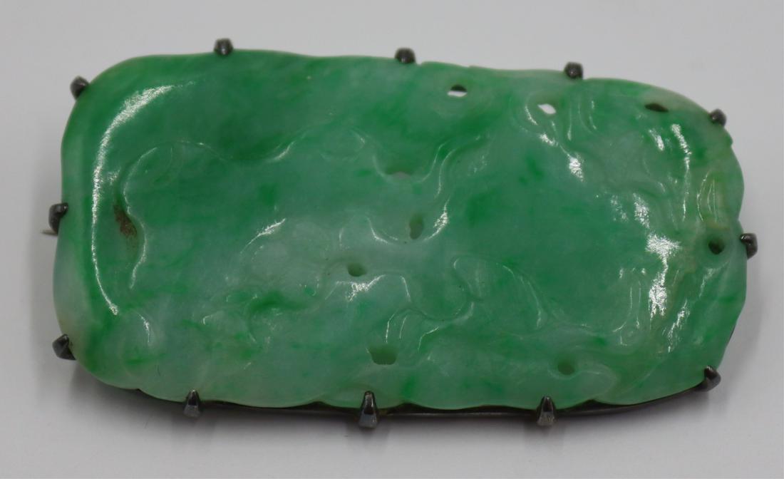 JEWELRY. Silver Mounted Carved Jade Brooch. (1 of 6)