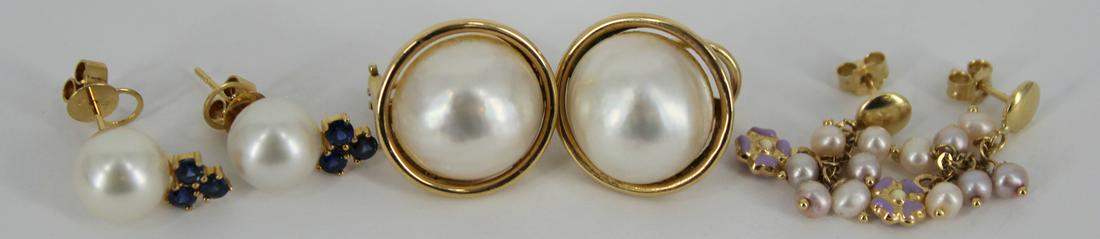 JEWELRY. (3) Pr. 14kt Gold and Pearl Earrings. (1 of 8)
