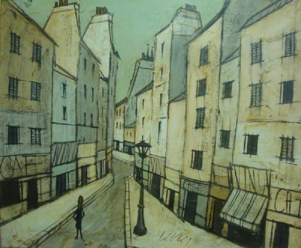 LEVIER, Charles. O/C Street Scene with Lone Figure: Signed lower center. Charles Levier, American/New York, 1920 - 2004. From a Forest Hills, NY collection. Dimensions: 20" high x 24" wide.