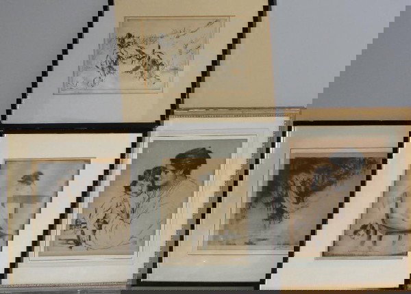 TITTLE, BLAMPIED, HANKEY, FUCHS. 4 Pencil Signed: Prints. Diving Nude, Drypoint, Walter Ernest Title, American, 1883-1966. "Purring and Snoring" 1921 Drypoint, Edmund Blampied, British, 1886-1966. Mother & Child, Drypoint, William Lee Hankey, British