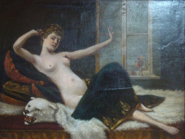 Oil on Canvas of Nude on Polar Bear Rug.: Signed illegibly lower right. From a Long Island location. Dimensions: 24" high x 30" wide.