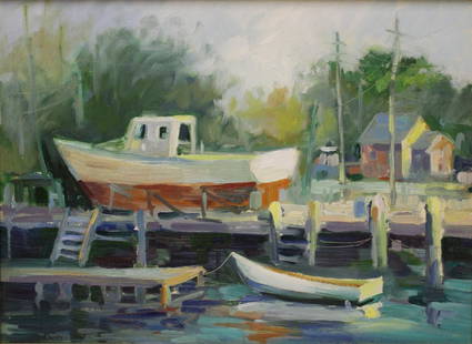 Illegibly Signed Oil On Board, Boat Scene.: Signed lr left. From a Larchmont NY estate. - Dimensions: 12" x 16" Frame 18" x 22"