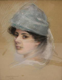 E. Beurman Signed &amp; Dated Pastel Of A Lady In: A Hat. Signed lr left and dated 1900. From a Lawrence NY estate. - Dimensions: 16" x 12" Framed 22" x 19'