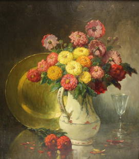 R. Langlois Signed Oil On Canvas Floral Still Life: Signed lr left. From a Lawrence NY estate. - Dimensions: 21" x 18" Framed 25" x 22"