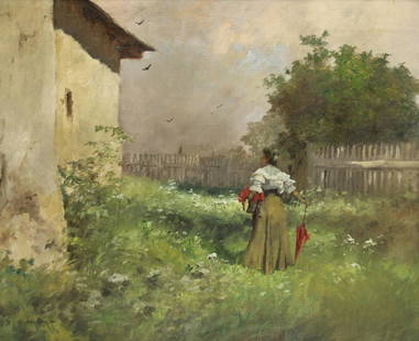 Antal Neogrady Signed Oil On Canvas: Lady & Red Parasol. From a Lawrence NY estate. - Dimensions: 20" x 23" Framed 25" x 29"