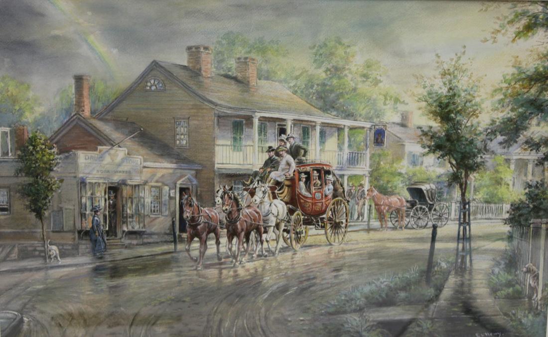 E.L. Henry Signed Watercolor, Stagecoach. (1 of 4)