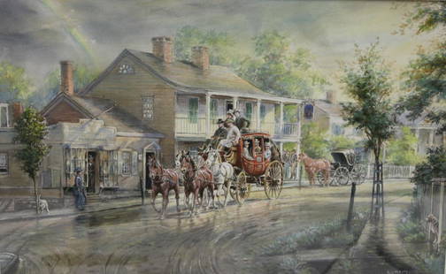 E.L. Henry Signed Watercolor, Stagecoach.: Signed lr rt. From a Lawrence NY estate. - Dimensions: 10" x 16.5" Framed 20" x 26"