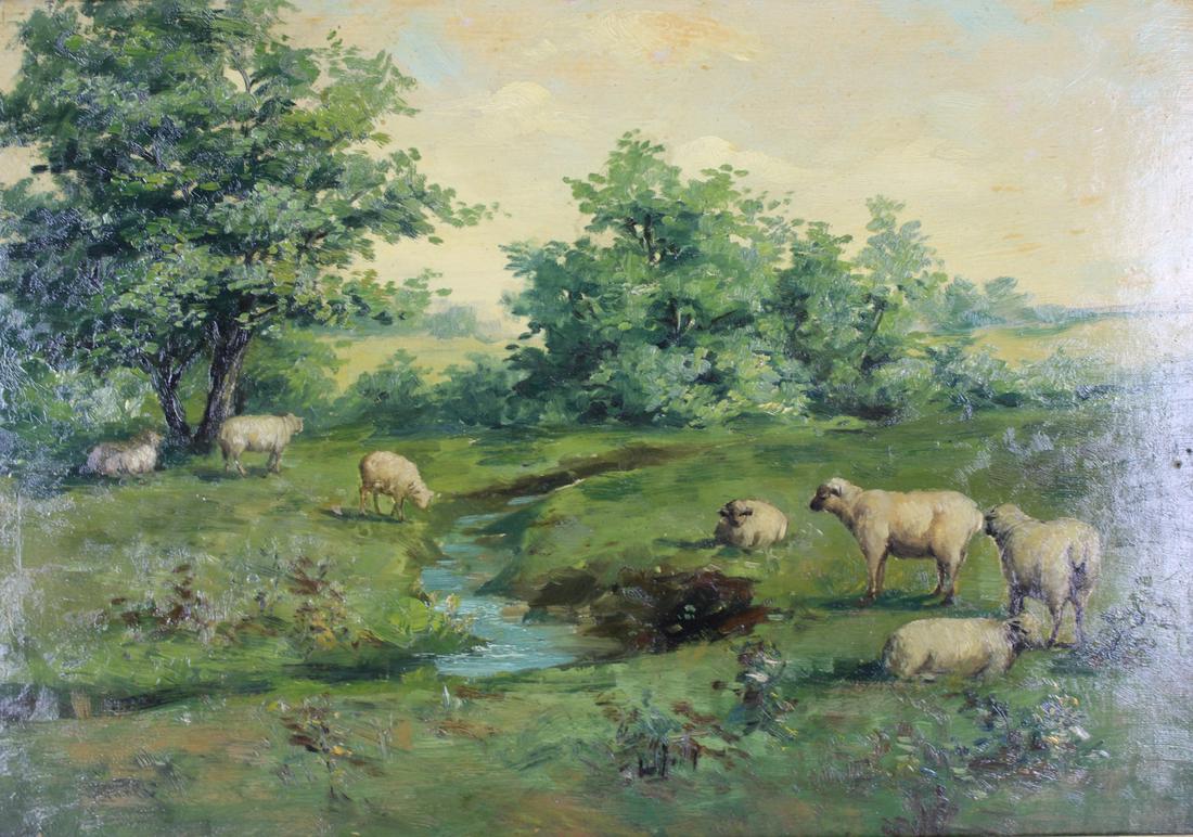 Unsigned Oil On Board, Sheep In A Pasture. (1 of 4)