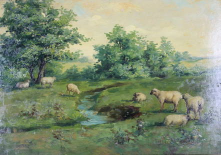 Unsigned Oil On Board, Sheep In A Pasture.: Apparently unsigned. From a New Rochelle NY estate. - Dimensions: 17" x 23" Framed 21" x 27"