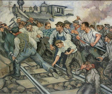 Signed Russian Oil On Canvas Rail Workers Riot.: Signed lr left. From a Nyack NY estate. - Dimensions: 20" x 24" Framed 26" x 30"