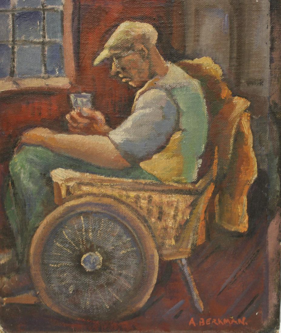 Aaron Berkman Signed Oil On Masonite,"Taking: Medicine". WPA style, circa 1935, signed lr left and titled. From a Larchmont NY storage. - Dimensions: 12" x 10"